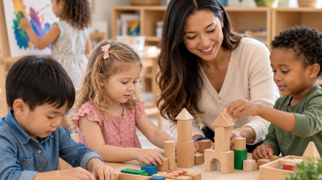 Teacher guiding preschool children during hands-on learning activities at Clemmons First Baptist Preschool