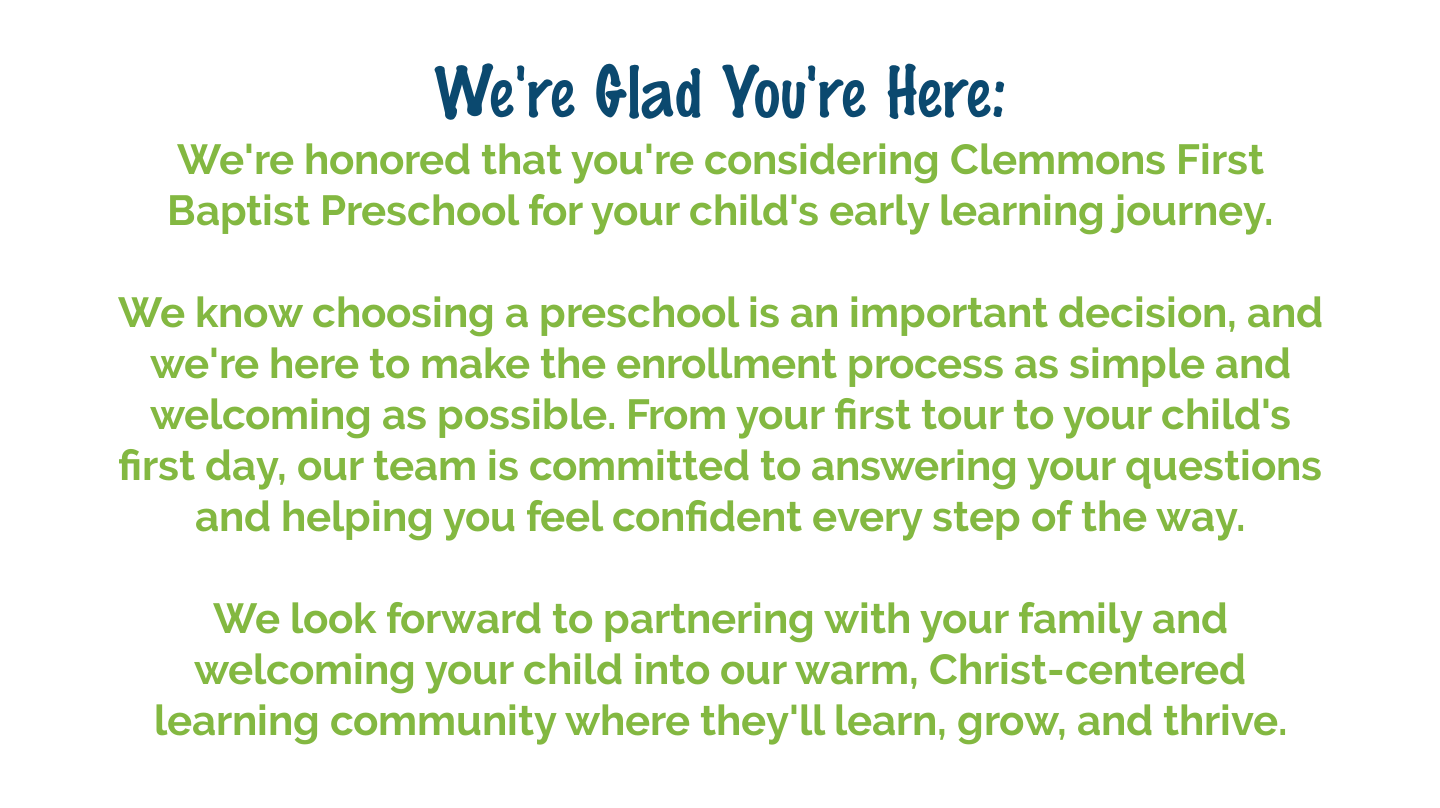 Preschool enrollment information for new families at Clemmons First Baptist Preschool