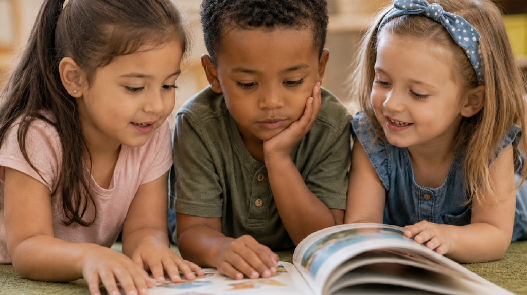 Four-year-old preschool students reading together during early literacy activities