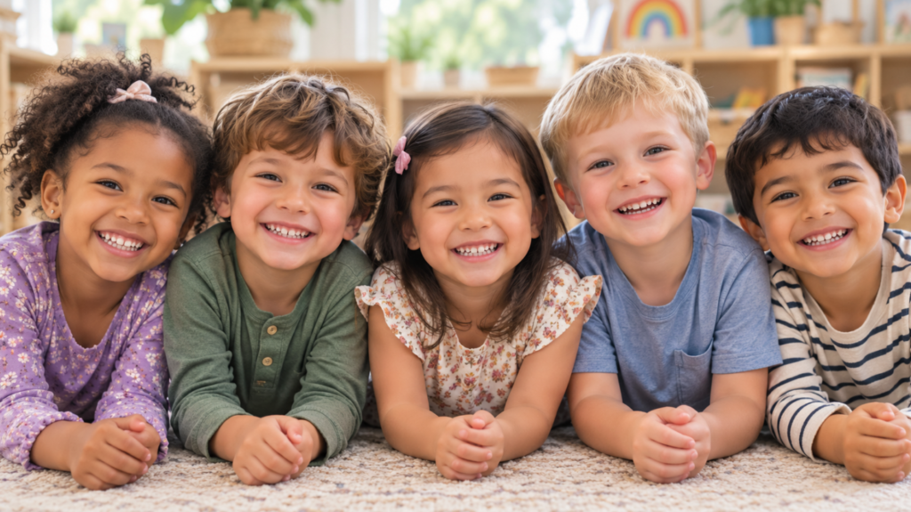 Preschool children smiling and learning together at Clemmons First Baptist Preschool