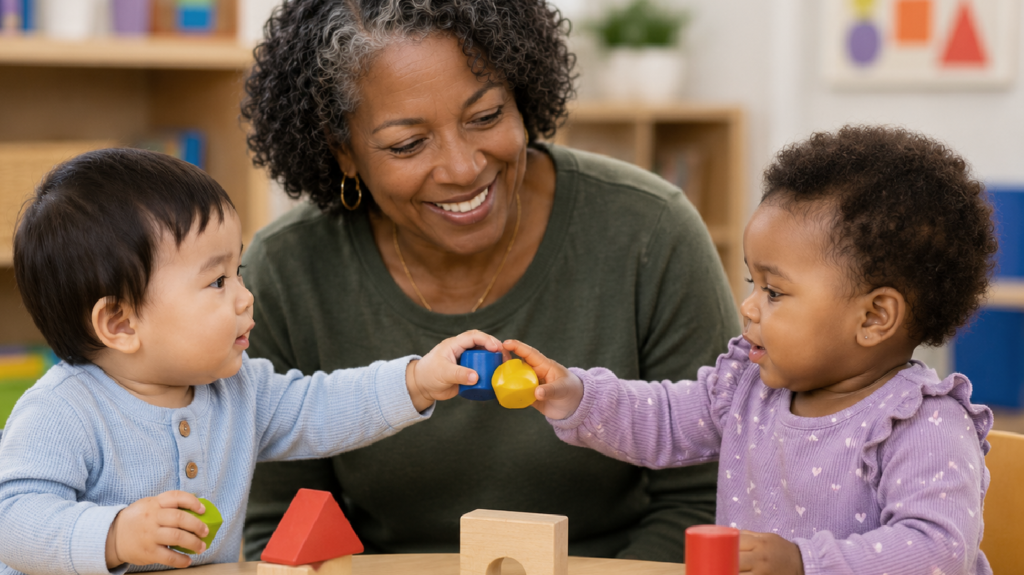 Teacher caring for infants during hands-on learning at Clemmons First Baptist Preschool