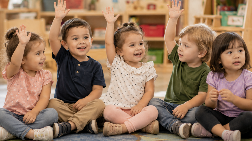 3 Year Old preschool children learning together in a classroom at Clemmons First Baptist Preschool