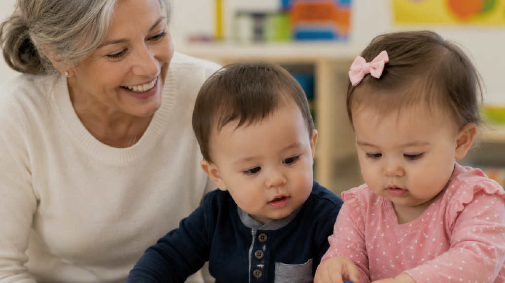 Toddlers learning and exploring with their teacher at Clemmons First Baptist Preschool