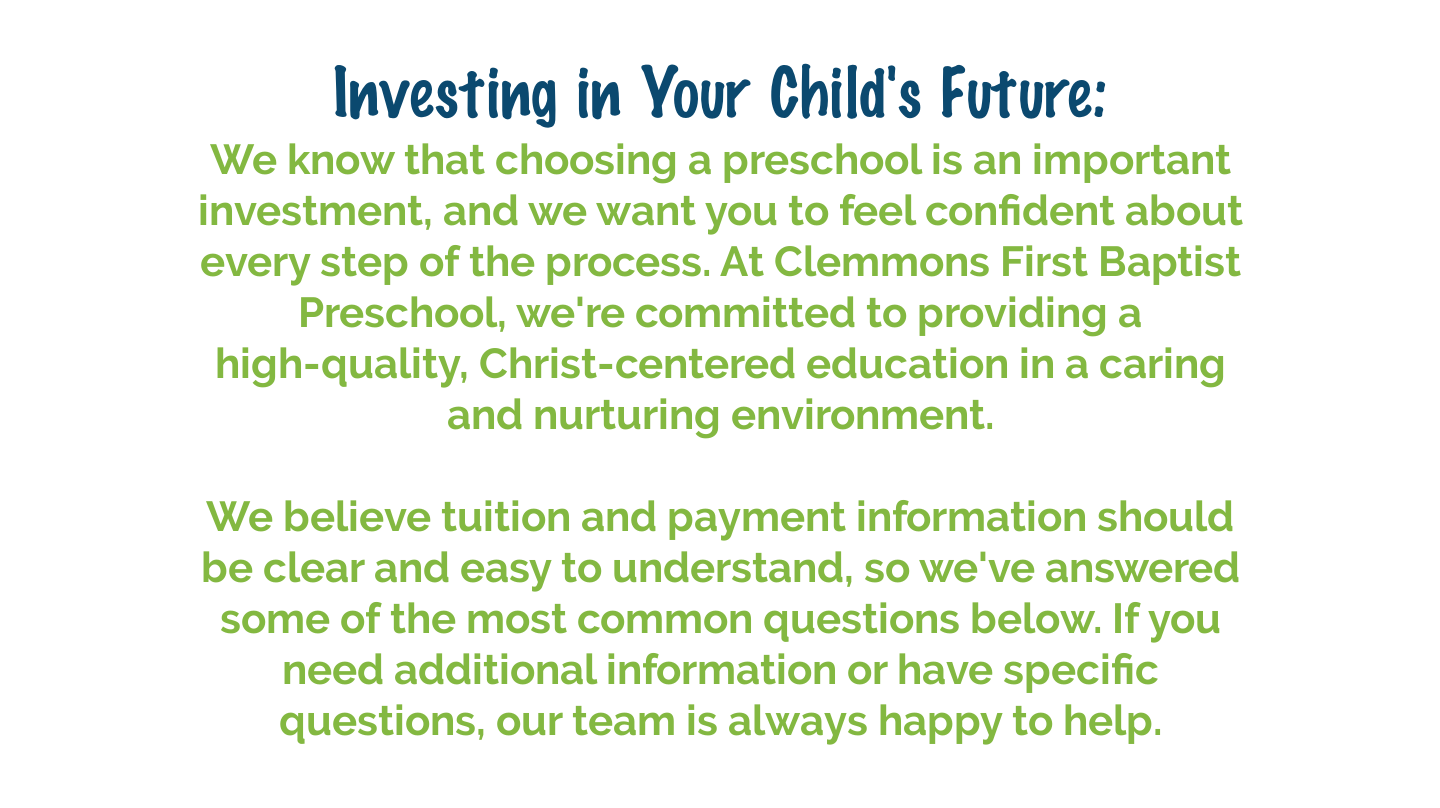 Preschool tuition and payment information for families at Clemmons First Baptist Preschool