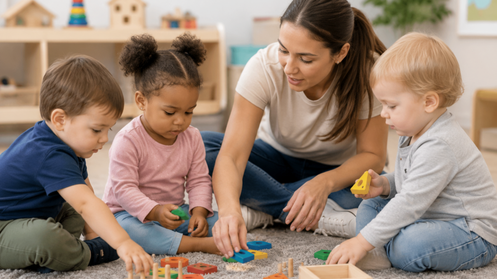 Teacher guiding children in the 2 Year Old Preschool program through hands-on learning activities