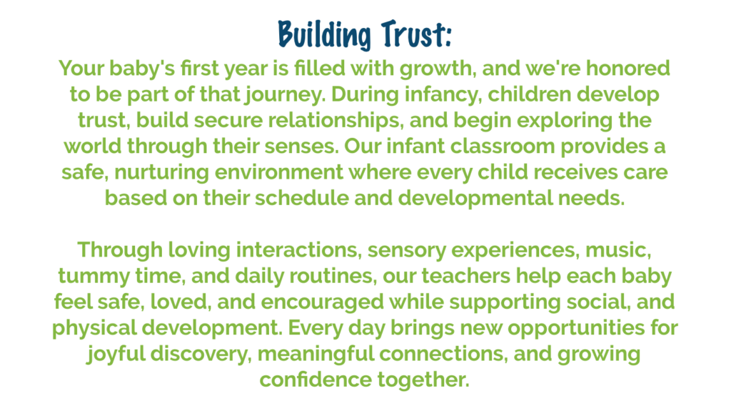 Infant care program focused on building trust, early development, and loving relationships at Clemmons First Baptist Preschool
